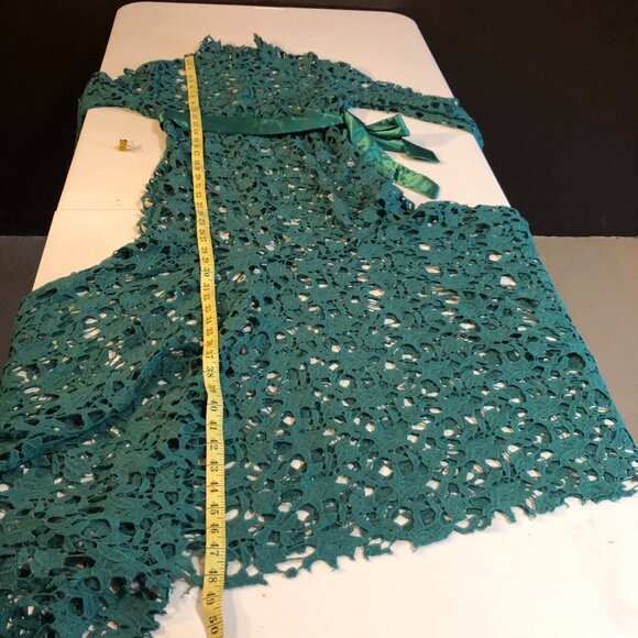 Green Lace Floor Length Dress with high collar and a teal satin sash, Size M - Picture 3 of 11